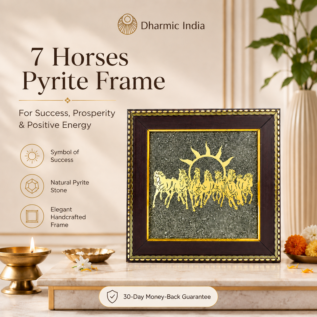 7 Horses on Raw Pyrite Frame for Success, Wealth & Career Growth