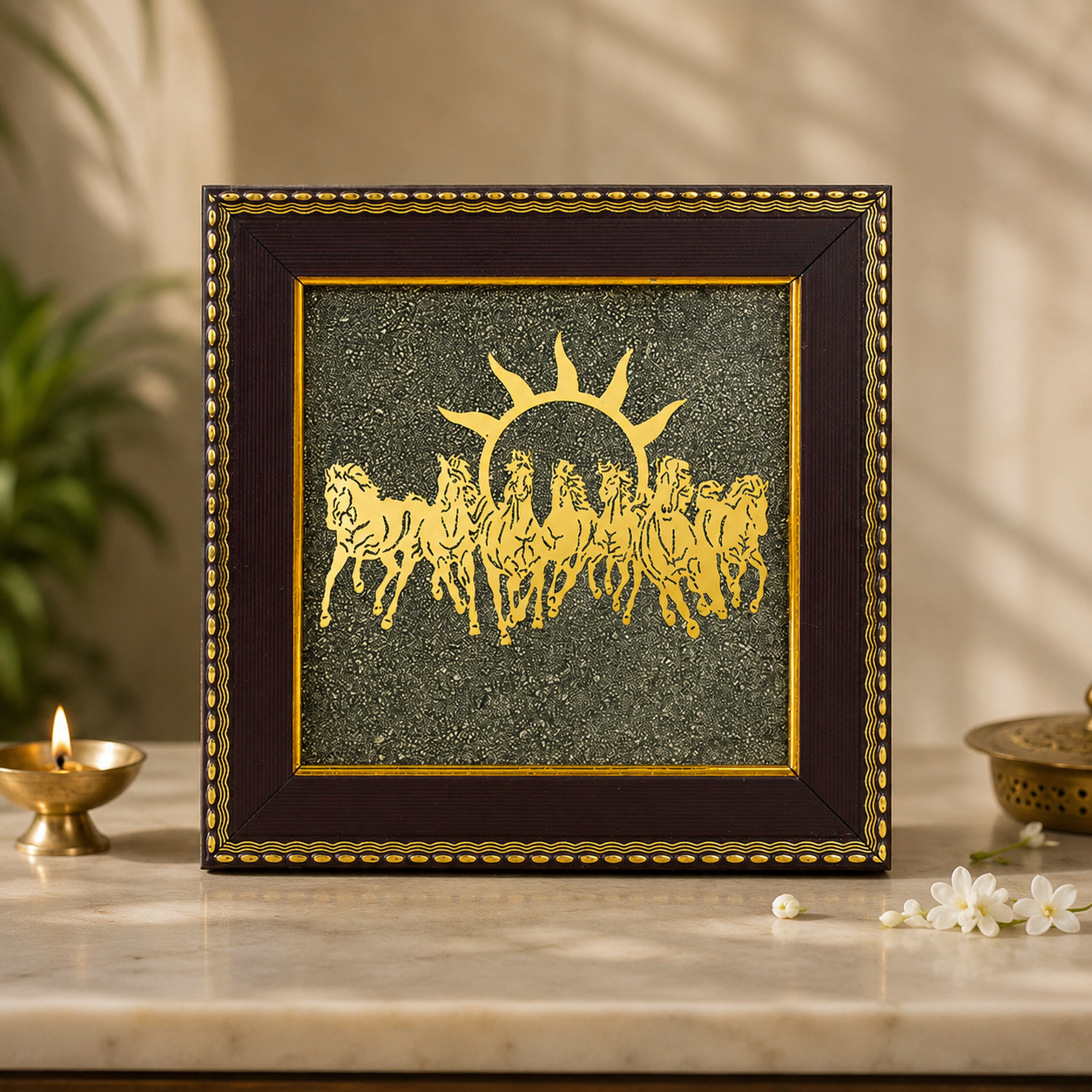7 Horses on Raw Pyrite Frame for Success, Wealth & Career Growth